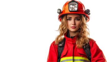 Female firefighter in uniform, isolated, white background, studio shot, strong, brave, courageous, hero, emergency, rescue png