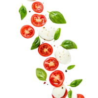Cascading slices of mozzarella with tomatoes and basil, perfect for food marketing, isolated on transparent background png