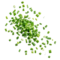 Drifting green onion slices and cut chives arranged artistically, isolated on transparent background png