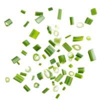 Cascading green onion and chive slices in motion, isolated on transparent background png
