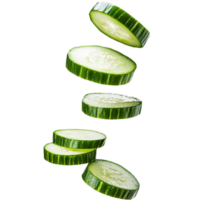Graceful fall of cucumber slices symbolizing health and freshness, isolated on transparent background png