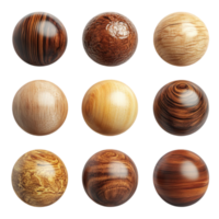Artistic spheres displaying varied wood grain patterns, isolated on transparent background png