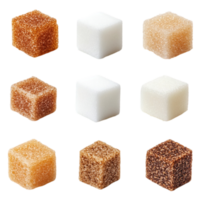 Collection of refined and unrefined sugar cubesisolated on transparent background png