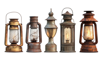 Antique rusty lanterns glowing on black backdropisolated on transparent background png