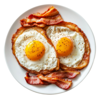 Fried eggs and bacon breakfast meal close upisolated on transparent background png