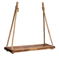Rustic hanging shelf with rope on black backdropisolated on transparent background png
