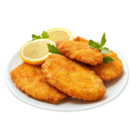 Crispy chicken schnitzel with lemon garnishisolated on transparent background png