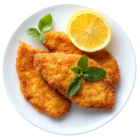 Delicious chicken cutlets with lemon and basilisolated on transparent background png