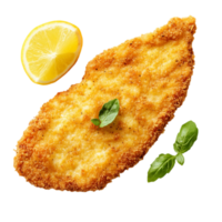 Golden schnitzel with lemon and basil leavesisolated on transparent background png