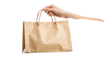 Hand holding a brown paper shopping containerisolated on transparent background png