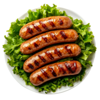 Grilled sausages with lettuce on a white plateisolated on transparent background png