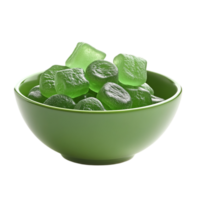 Green candies in a bowl studio close up viewisolated on transparent background png