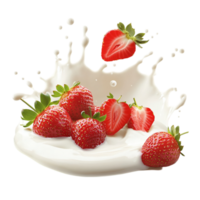 Fresh strawberries with yogurt splash studio isolated on transparent background png