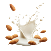 Almond milk splash with nuts isolated object isolated on transparent background png