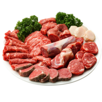 Assortment of fresh raw meats on white plate isolated on transparent background png