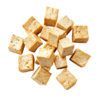 Cubed seasoned bean curd on black background isolated on transparent background png