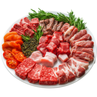 Assorted raw meats platter gourmet selection isolated on transparent background png