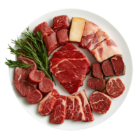 Selection of raw beef cuts on a white plate isolated on transparent background png