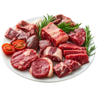 Assortment of fresh raw uncooked red meats isolated on transparent background png