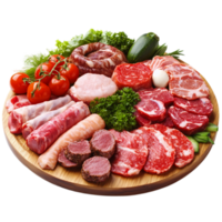 Assortment of fresh meats on a wooden platter isolated on transparent background png