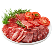 Raw beef steak with tomato and herb garnish isolated on transparent background png