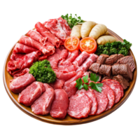 Assorted raw meats and veggies on wood plate isolated on transparent background png