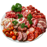 Assorted raw meats on a plate for grilling isolated on transparent background png