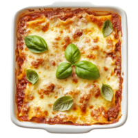 Freshly baked lasagna with basil topping dish isolated on transparent background png