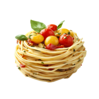 Delicious spaghetti nest with tomatoes and fresh basil isolated on transparent background png