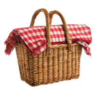 Wicker picnic basket with red and white checkered cloth isolated on transparent background png