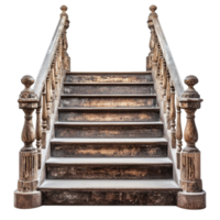 Rustic wooden staircase with ornate railing and spindles isolated on transparent background png