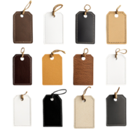 Assorted leather tags for branding and product labeling isolated on transparent background png