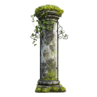 Ancient stone column overgrown with moss and ivy vines isolated on transparent background png
