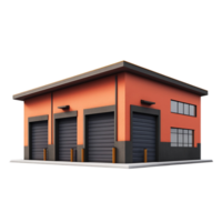 Commercial building with garage doors exterior rendering isolated on transparent background png