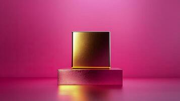 A gold colored square stands in the middle on a stand on a pink background photo