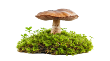 Mushroom growing on mossy patch in a forest setting isolated on transparent background png