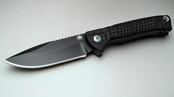 A tactical knife with a black textured handle and partially serrated blade set against a light gray background photo
