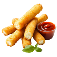 Delicious fried mozzarella sticks with tomato sauce dip isolated on transparent background png