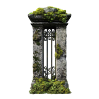Old stone pillar with moss and iron gate architecture isolated on transparent background png