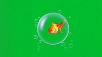 Goldfish swimming inside a bubble with floating air bubbles on green background. Animal concept video