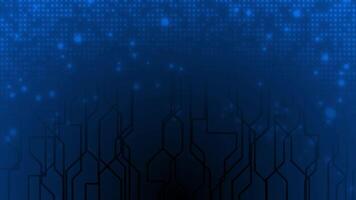 Royal blue color glowing particles moving upwards with microchip hi-tech design technology background video