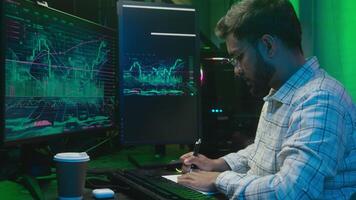 Arabian Indian man writing notes notebook working trader male guy cryptocurrency businessman programmer IT specialist business office indoor neon e-commerce freelancer drinking coffee crypto analyst video