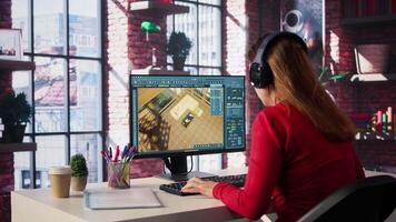 Designer interacts with digital technology to produce a virtual home set. Architectural software enables 3D modeling and rendering, placement of furniture and layout adjustments. Camera B. video
