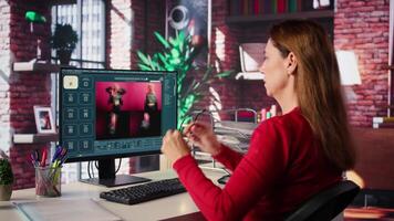 Graphic designer using AI chatbot turning text prompt into photos and retouching, ensure original content for clients. Creative woman using machine learning for photographer portfolio. Camera B. video