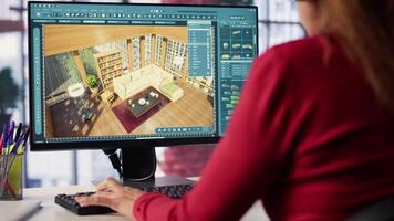 Female employee creates 3D render of an apartment interior using blueprints and architectural software. Employs computer aided tools and models to allow customization of flooring. Camera A. video