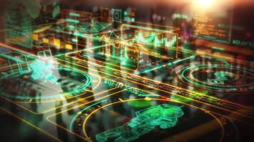 Holographic interface showing rotating 3D model, graphs, data analysis video