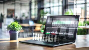 Laptop showing business analytics and data analysis in modern office video