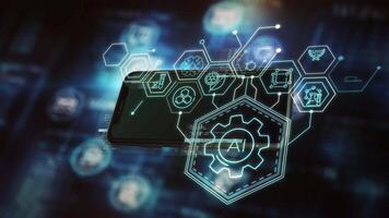 3D-rendered smartphone with overlaying data visuals about AI applications video