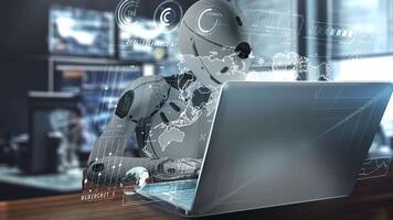 robô usando computador portátil com holograma mostrando global conexão e dados análise video