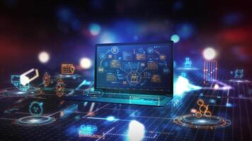 Laptop displaying complex data analysis and digital information processing video